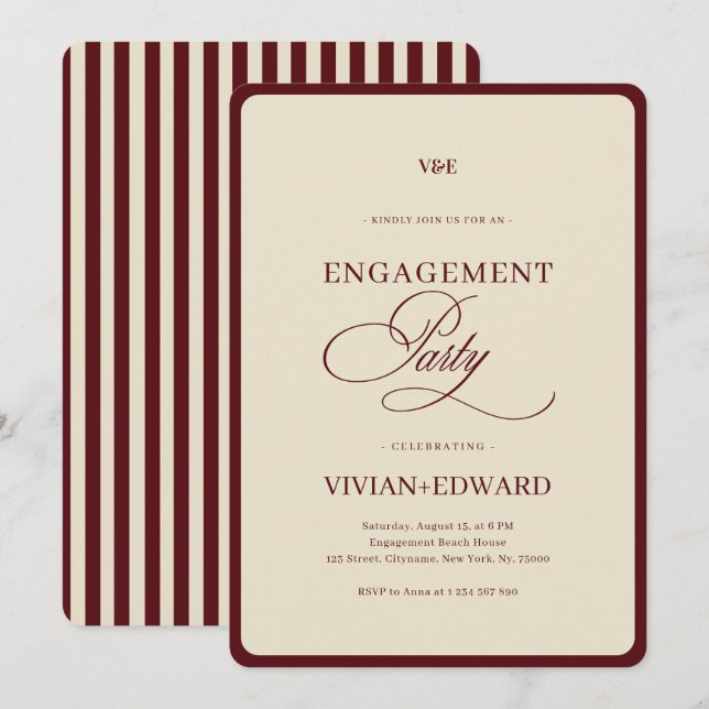Ivory & Burgundy Stripes Retro Engagement Party Inbjudningar (Fram/baksida)