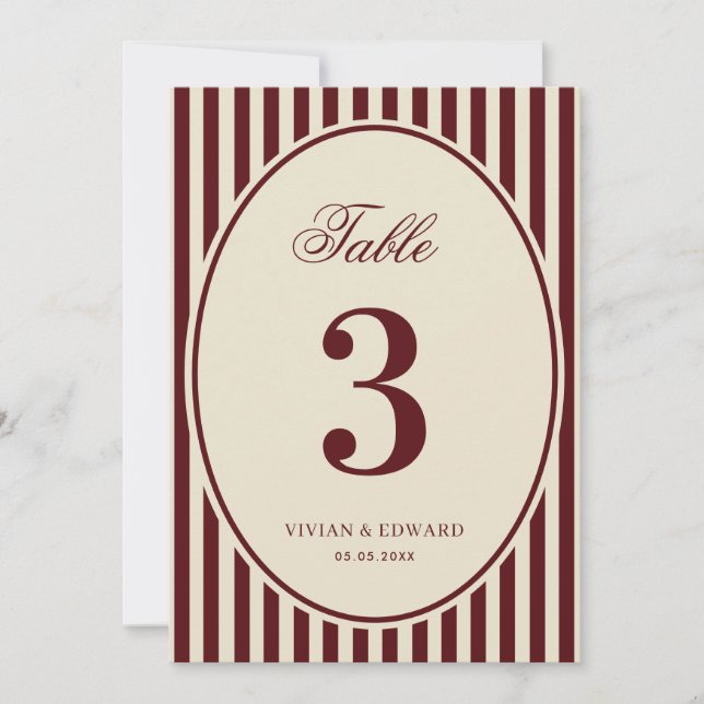 Ivory Burgundy Stripes Retro Wedding Table Number Inbjudningar (Framsida)