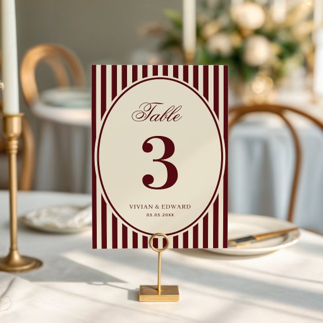 Ivory Burgundy Stripes Retro Wedding Table Number Inbjudningar (Skapare uppladdad)