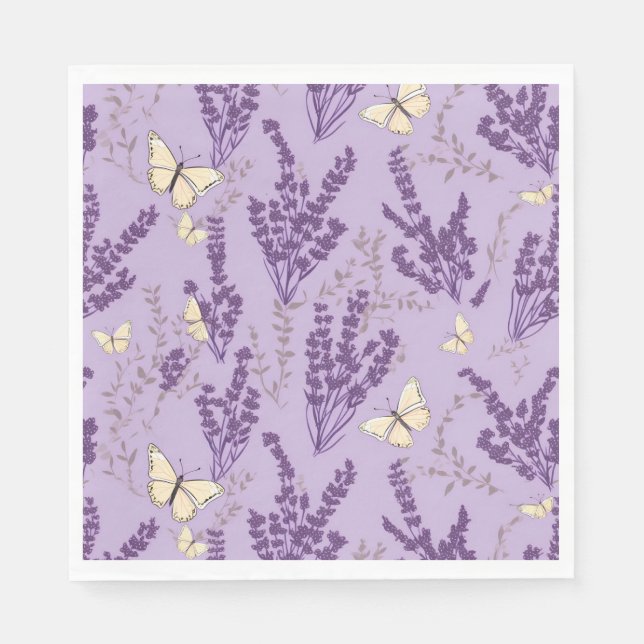 Ivory Butterflies och Lavender Flowers Pappersservett (Framsidan)
