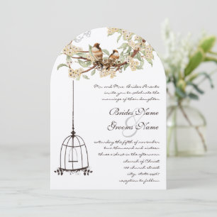 Ivory Cherry Blommar Lovebird Birdcage Bröllop Inbjudningar