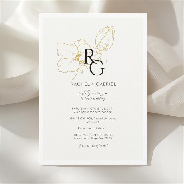 Ivory | Chic Floral Monogram Wedding Invitation Inbjudningar (Skapare uppladdad)