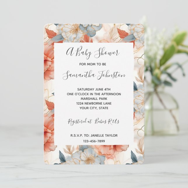 Ivory Coral Blue Floral Baby Shower Inbjudningar (Stående Fram)