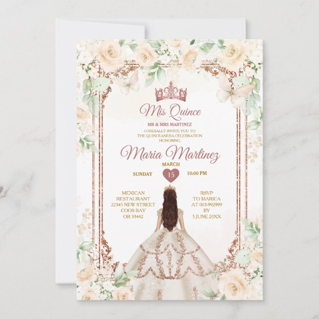 Ivory Cream & Copper Guld Princess Quiñceanera Inbjudningar (Framsida)
