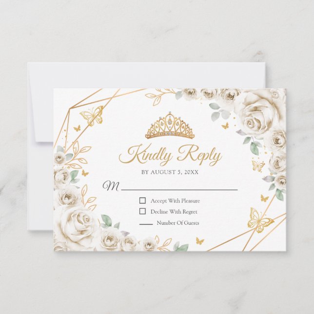 Ivory Cream Gold Floral Quinceanera Reply OSA Kort (Framsida)