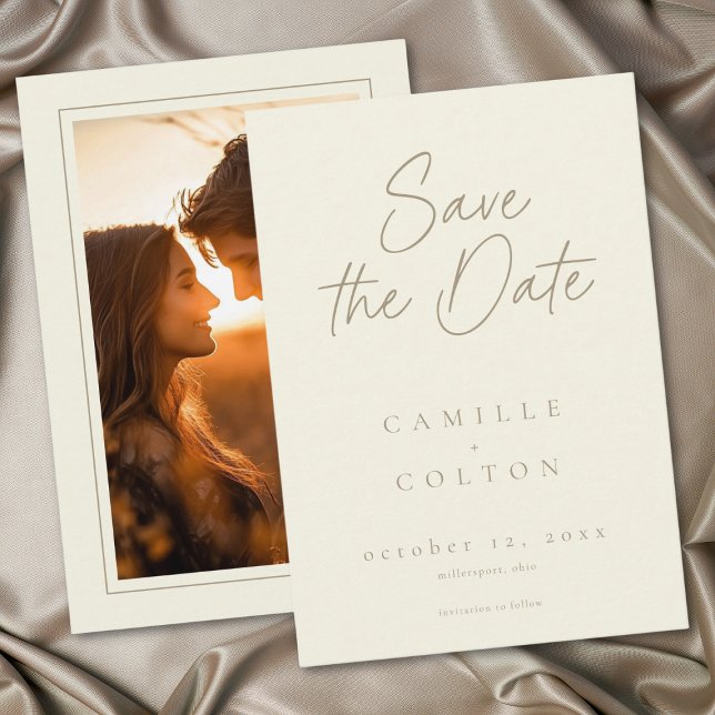 Ivory Cream Minimalist Wedding Photo Spara Datumet (Ivory Cream Leaf Acorn Fall Minimalist Wedding Photo Save The Date)