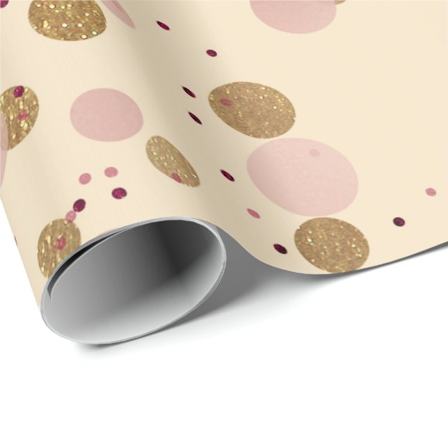 Ivory Creamy Guld Crystals Dots Confetti Rosa Presentpapper (Rullad Hörn)