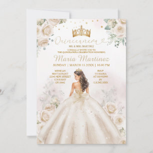 Ivory Creme Princess Dress Guld Krona Quinceañera Inbjudningar