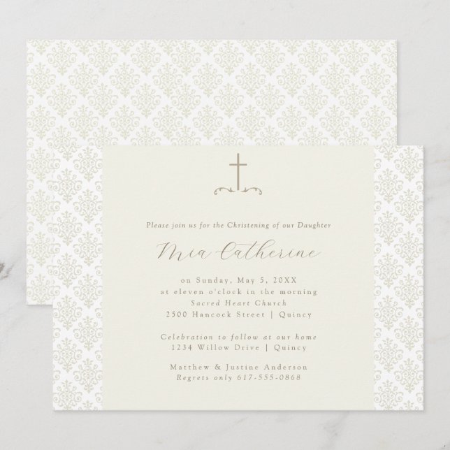 Ivory Damask Cream Kor Christening/Baptism Inbjudningar (Fram/baksida)