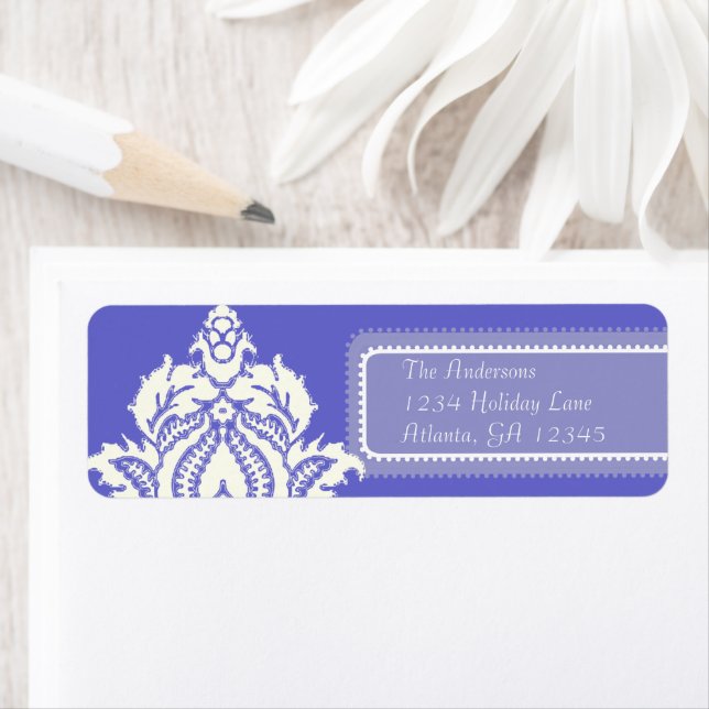 Ivory Damask på Lilac Returadress Etikett (Insitu)