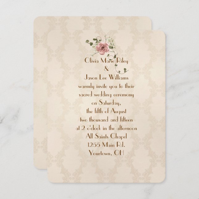 Ivory Damask Wedding Inbjudan (Fram/baksida)