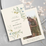 Ivory Delicate WildblommBoho Bröllop Photo Spara Datumet<br><div class="desc">Elegant bröllop sparar datumkortet med handmålade vattenfärgade vilda blommor i smörets gult,  grönt,  dammig grönt och ljusblå med ett foto och mer information på baksidan. Om du vill ha en mer avancerad anpassning av den här designen klickar du på BLUE DESIGN VERKTYG ovan! Matchande objekt är också tillgängliga.</div>
