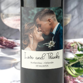 Ivory Elegant Wedding Love and Thanks Photo Vinflaska Etikett