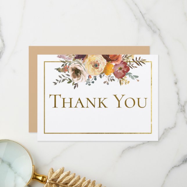 Ivory Fall Blommigt Bouquet med Guld Bröllop Tack Kort (Fram/Back In Situ)