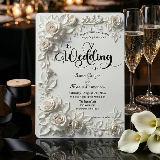 Ivory Faux Plaster Relief Roses Formal Wedding  Inbjudningar (Skapare uppladdad)