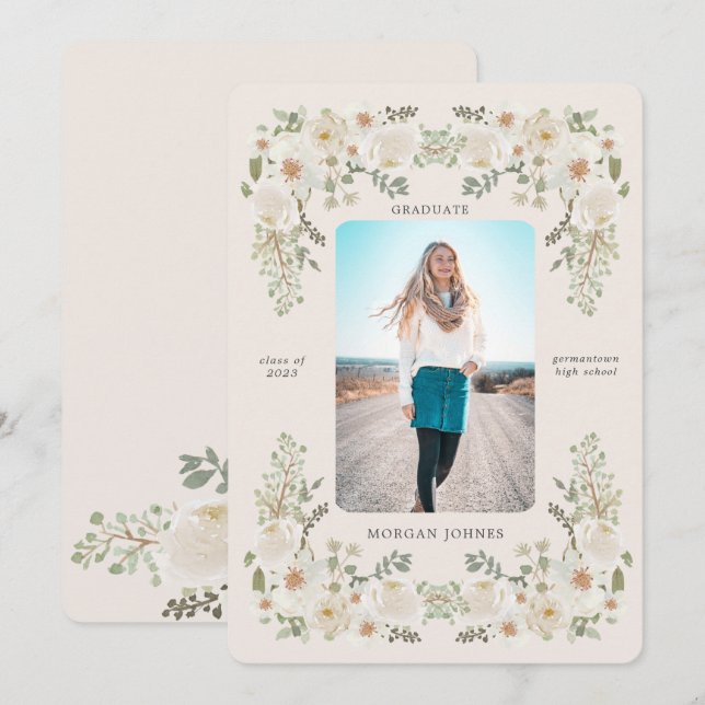 Ivory Floral Border Photo Graduation Announcement Inbjudningar (Fram/baksida)