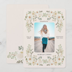 Ivory Floral Border Photo Graduation Announcement Inbjudningar