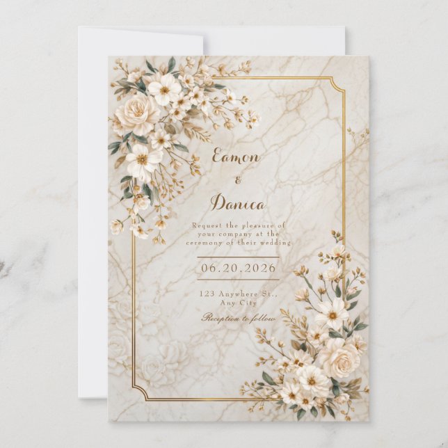 Ivory Floral Marble Gilded Frame Wedding Inbjudningar (Framsida)
