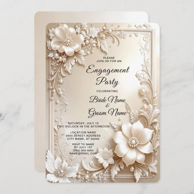 Ivory Flowers Engagement Invitation Inbjudningar (Fram/baksida)