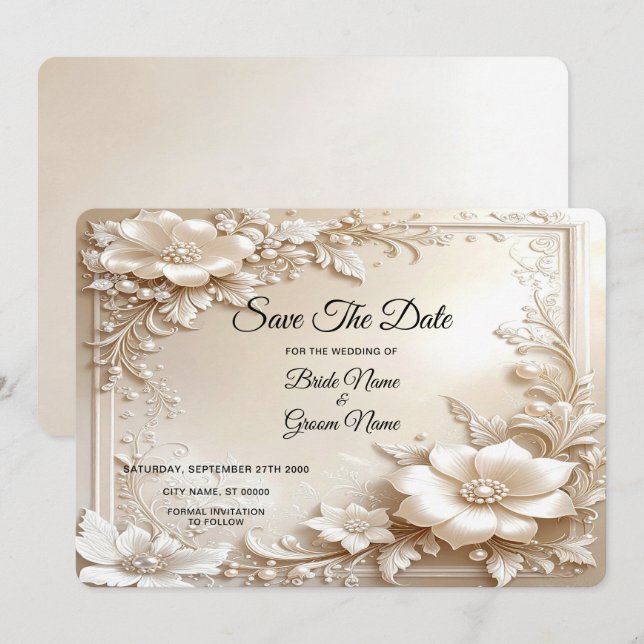 Ivory Flowers Save The Date Spara Datumet (Fram/baksida)