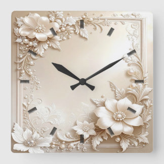 Ivory Flowers Wall Clock Fyrkantig Klocka