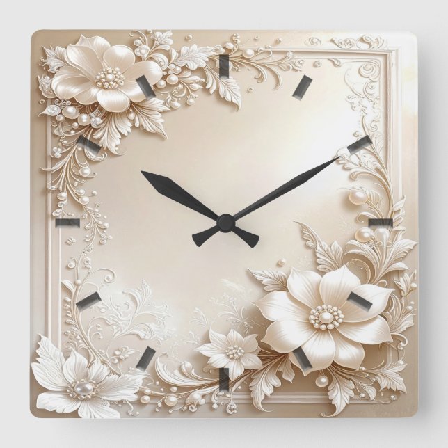Ivory Flowers Wall Clock Fyrkantig Klocka (Framsida)