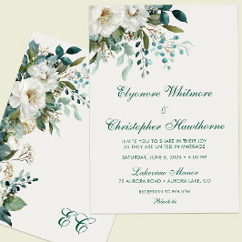 Ivory Forest Teal Script Floral Wedding Inbjudningar