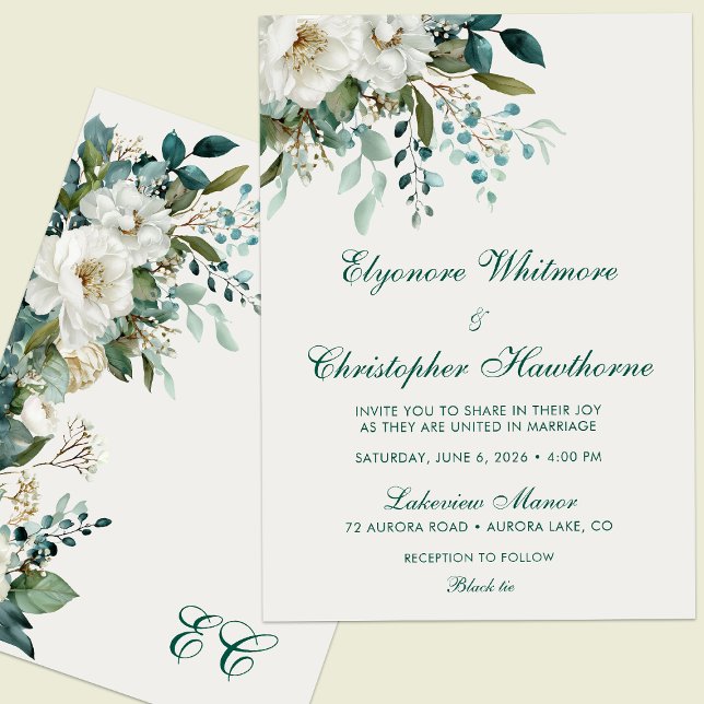 Ivory Forest Teal Script Floral Wedding Inbjudningar (Skapare uppladdad)