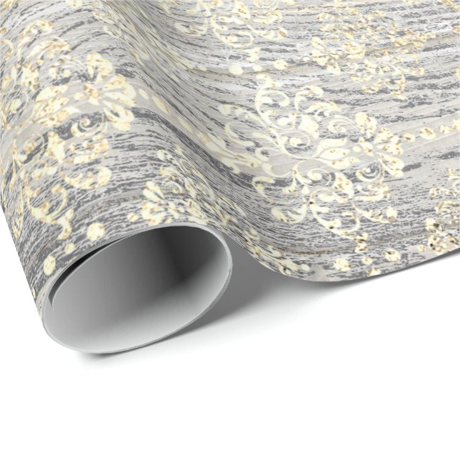 Ivory Foxier Metallic Damask Guld Wood Rustic Presentpapper (Rullad Hörn)