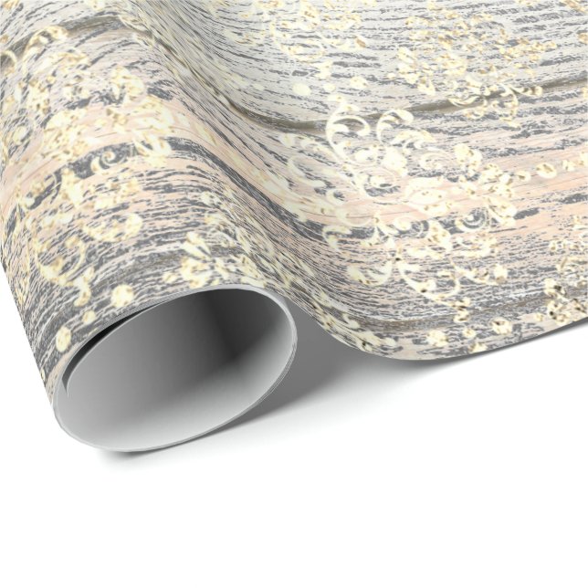 Ivory Foxier Metallic Damask Guld Wood Rustic Presentpapper (Rullad Hörn)