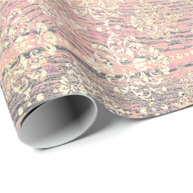 Ivory Foxier Metallic Damask Guld Wood Rustic Rosa Presentpapper (Rullad Hörn)