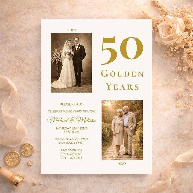 Ivory Gold 50th Anniversary Photo Then and Now  Inbjudningar (Elegant ivory gold 50th anniversary invitation with romantic then and now design)