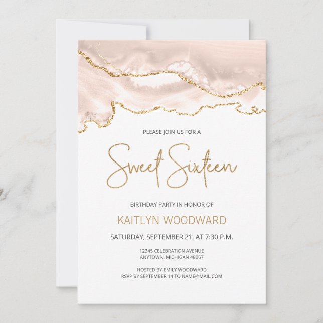 Ivory Gold Agate Sweet 16 Födelsedagsfest Inbjudningar (Framsida)