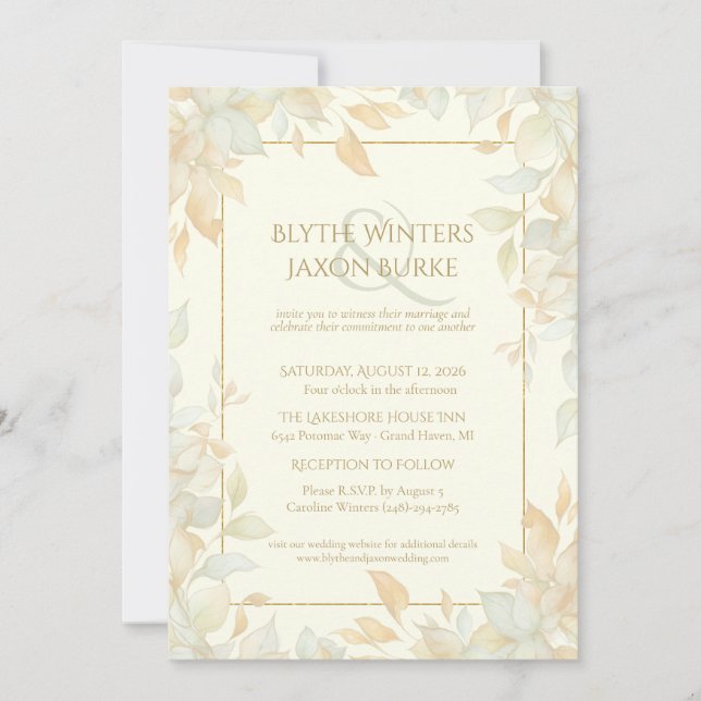 Ivory Gold Leafy Border Botanical Elegant Wedding  Inbjudningar (Framsida)