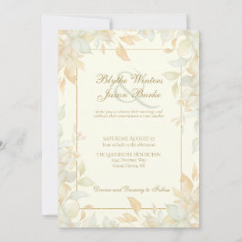 Ivory Gold Leafy Border Botanical Elegant Wedding Inbjudningar