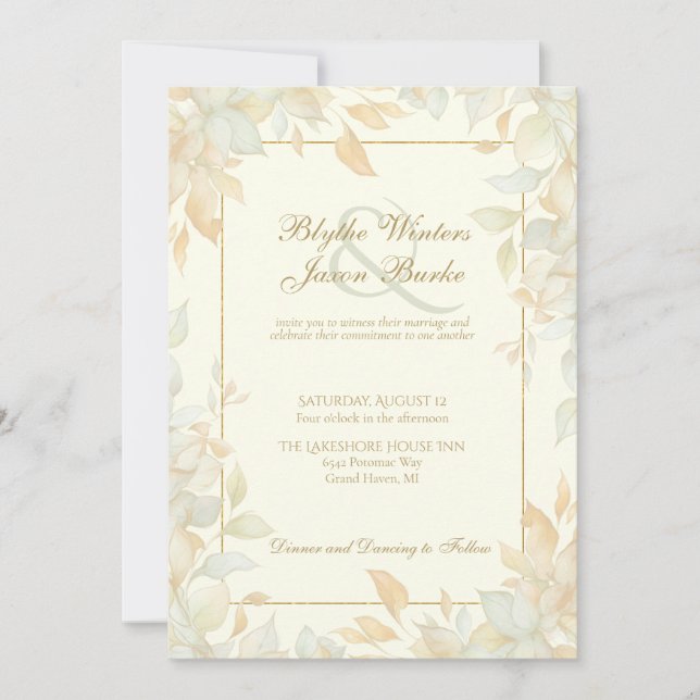 Ivory Gold Leafy Border Botanical Elegant Wedding Inbjudningar (Framsida)