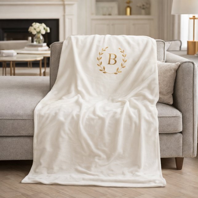 Ivory gold monogrammed wreath elegant fleecefilt (Skapare uppladdad)