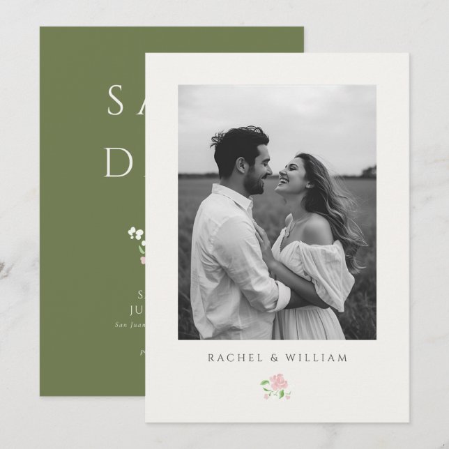 Ivory & Green | Chic Floral Wedding Save the Date (Fram/baksida)
