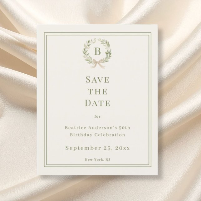 Ivory green monogram wreath birthday save the date (Skapare uppladdad)