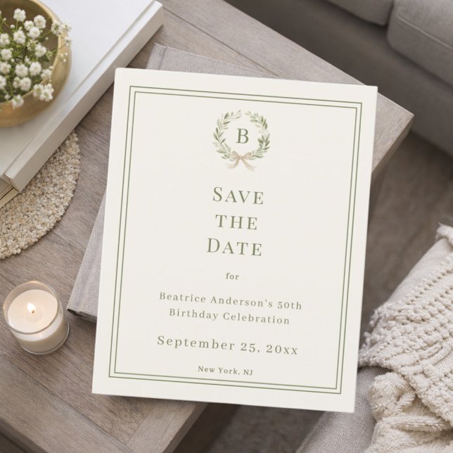 Ivory green monogram wreath birthday Save the Date Flygblad (Skapare uppladdad)