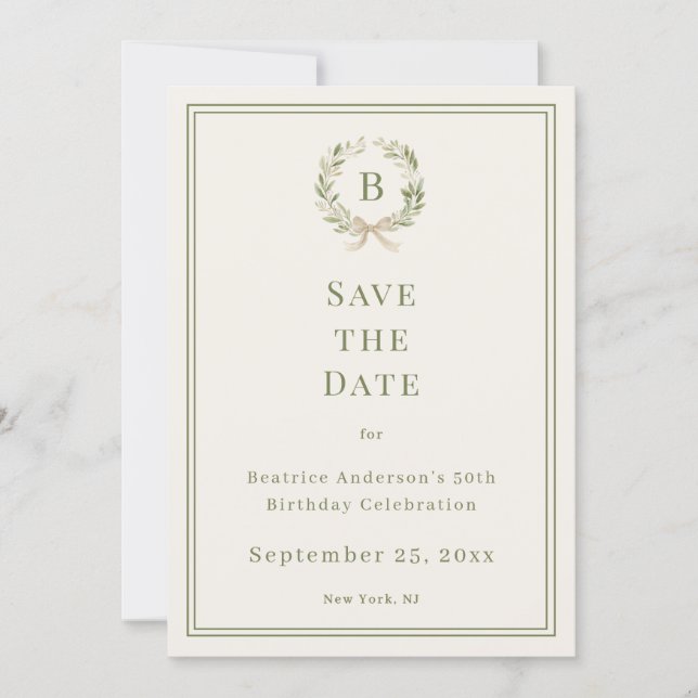 Ivory green monogram wreath birthday save the date spara datumet (Framsida)