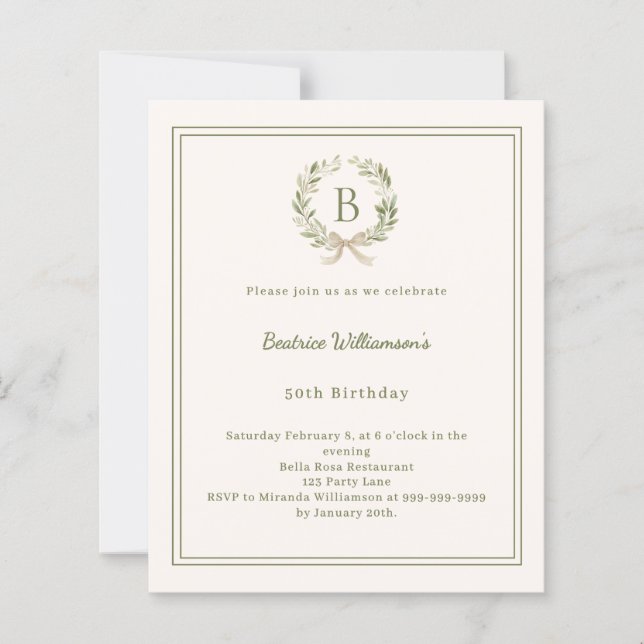 Ivory greenery wreath monogram Birthday invitation (Framsida)