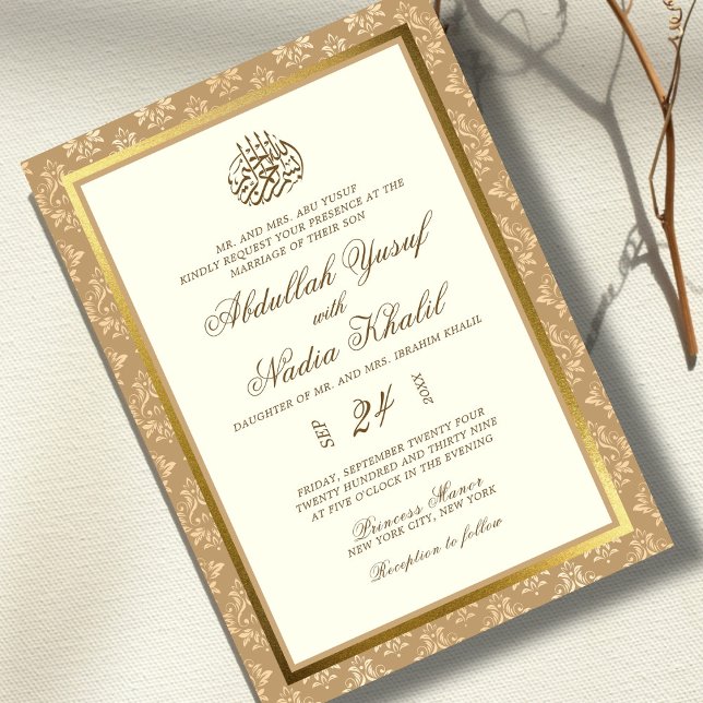 Ivory Guld Damask Elegance Islamic bröllop Inbjudningar (Skapare uppladdad)