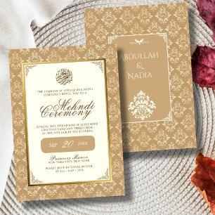 Ivory & Guld Damask Elegance Muslim Bröllop Mehndi Inbjudningar