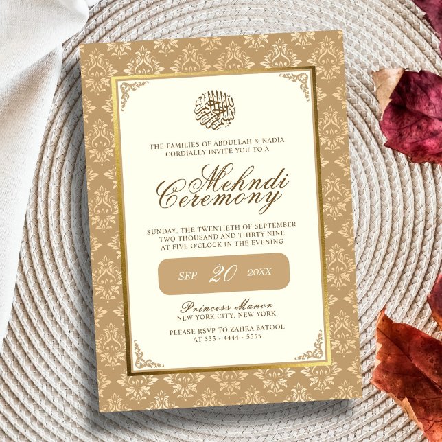 Ivory & Guld Damask Elegance Muslim Bröllop Mehndi Inbjudningar (Skapare uppladdad)