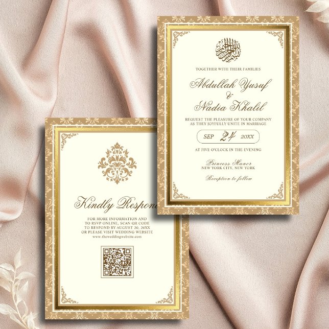 Ivory Guld Damask Elegance QR Code Muslim Bröllop Inbjudningar (Skapare uppladdad)