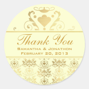Ivory & Guld Damask Wedding Tack Runt Klistermärke