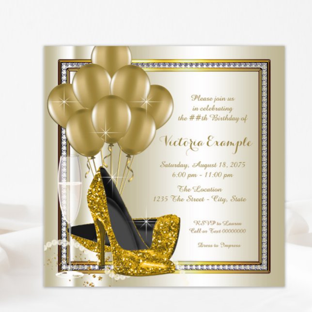 Ivory Guld Diamond High Heel Shoe Födelsedagsfest Inbjudningar (Any event invitation, all text can be changed.)