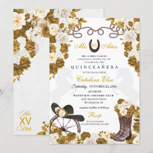 Ivory Guld Western Charro Boots Quinceanera Inbjudningar