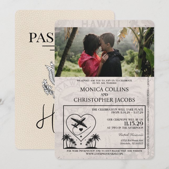 Ivory Hawaii Passport Wedding bjudande Inbjudningar (Fram/baksida)
